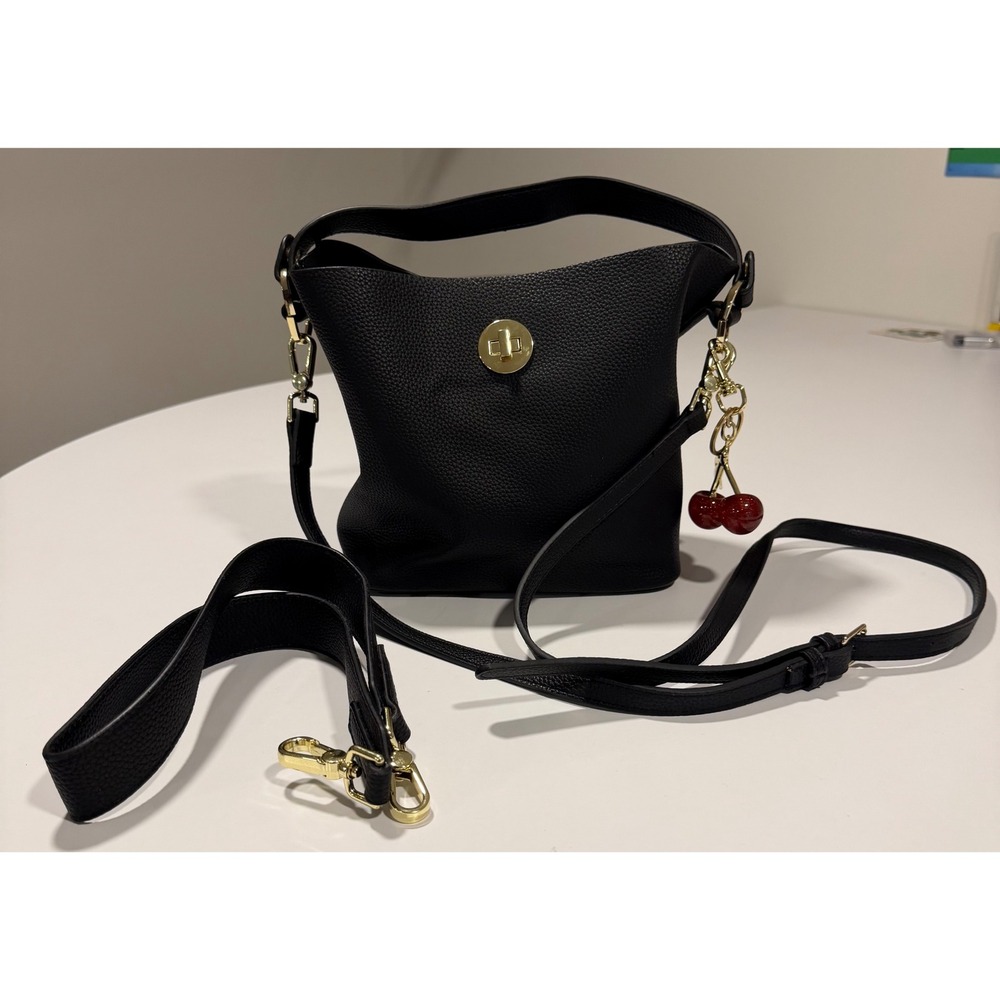 Black Pebbled Bucket Bag Gold Turn Lock Crossbody with Cherry Charm Handbag